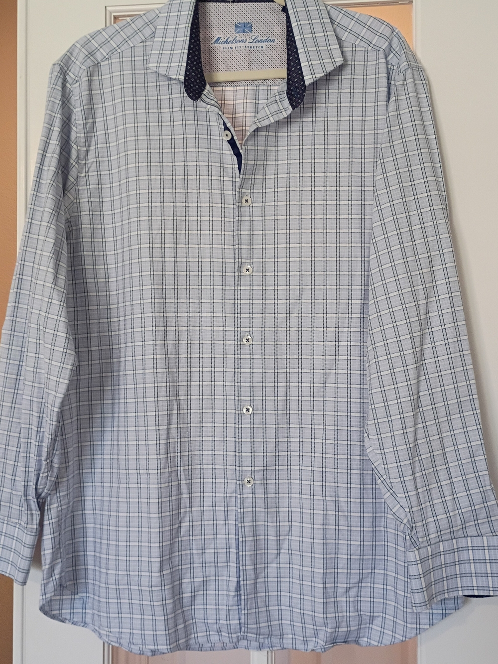 Michelson london Light Blue Check Men’s ButtonDown Shirt Slim Fit Large 98%cotto